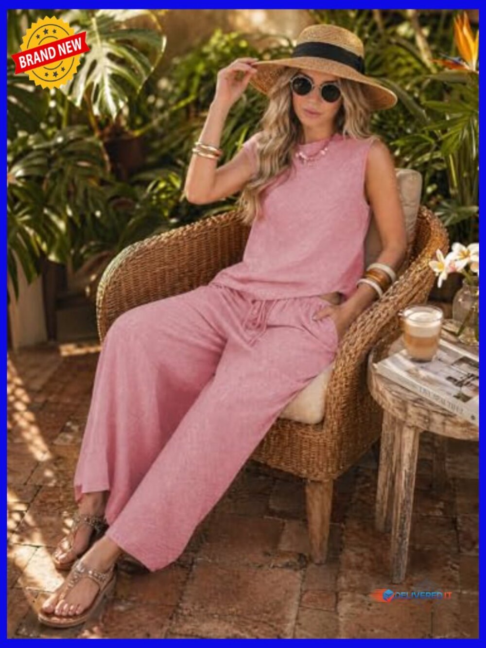 Women's Cotton Two Piece Set Summer Tank Top Wide Leg Pants Lounge Outfit - Picture 6 of 6